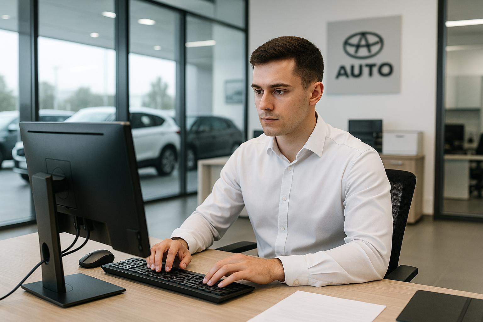 20's man wearing button down in car dealership office working on a computer