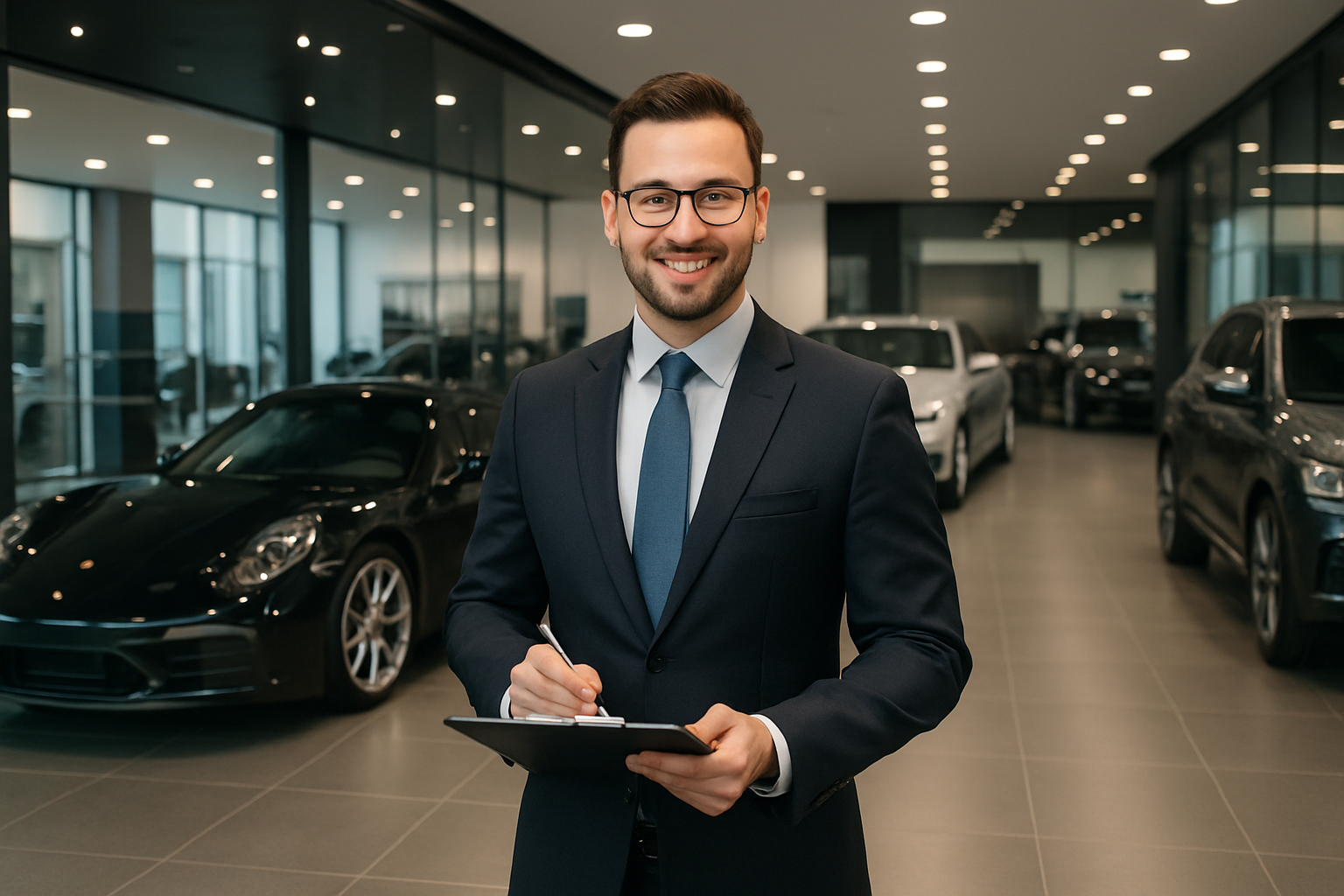 car dealer service advisor with expensive cars in the background