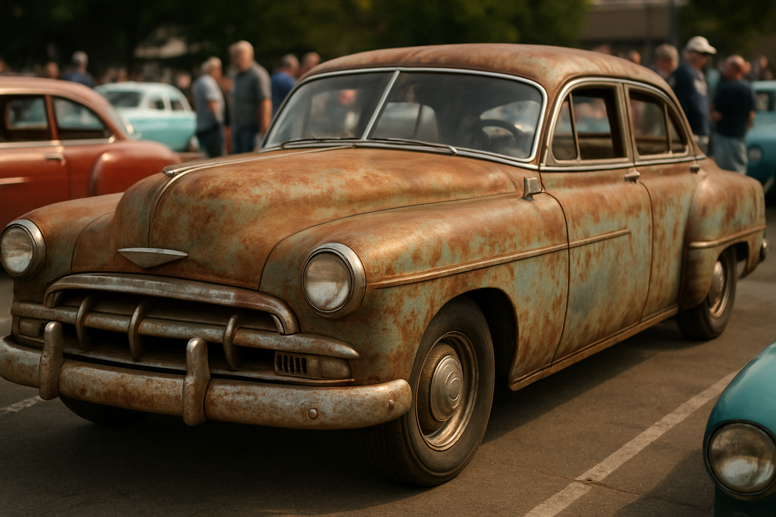 patina paint on 1950's car at car show, subtle