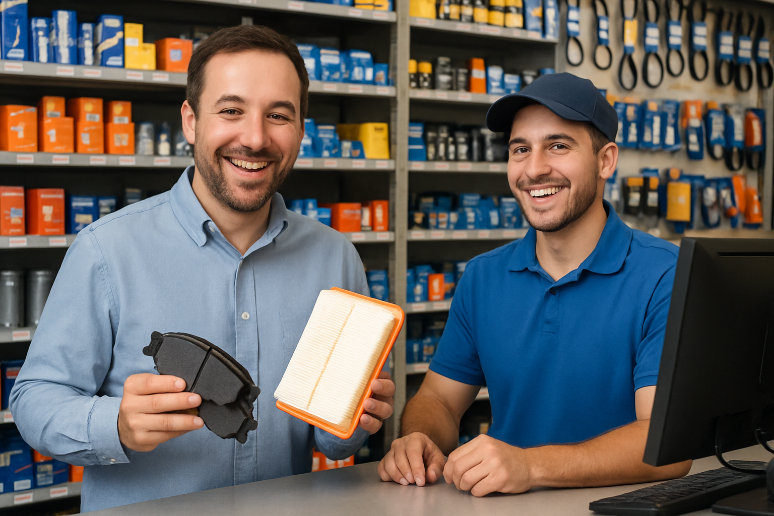 person buying auto parts, person behind a counter, both happy